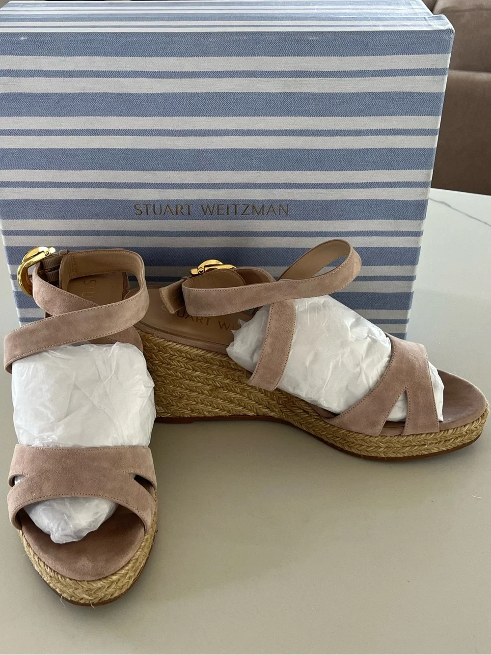 Stuart Weitzman Zuzu Suede Sandal Espadrille Wedges Nude Beige Size 9 / 39.5 - Picture 8 of 10